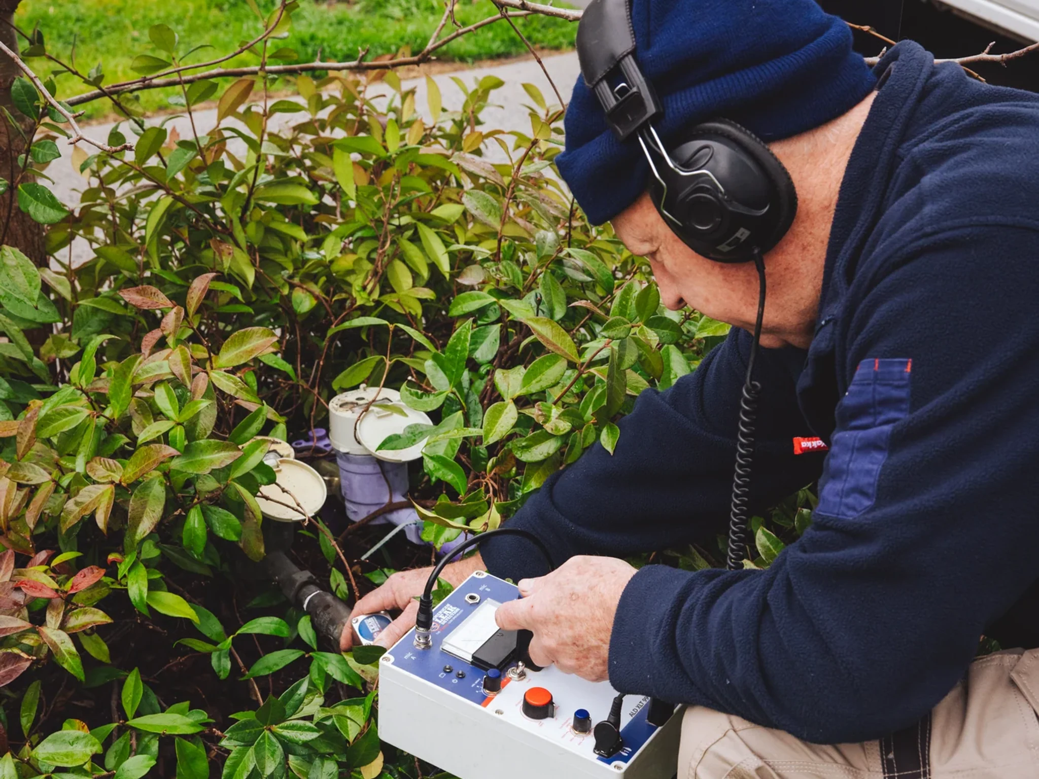 Main line water leak detection at an Australian home using acoustic leak detection equipment near a water meter