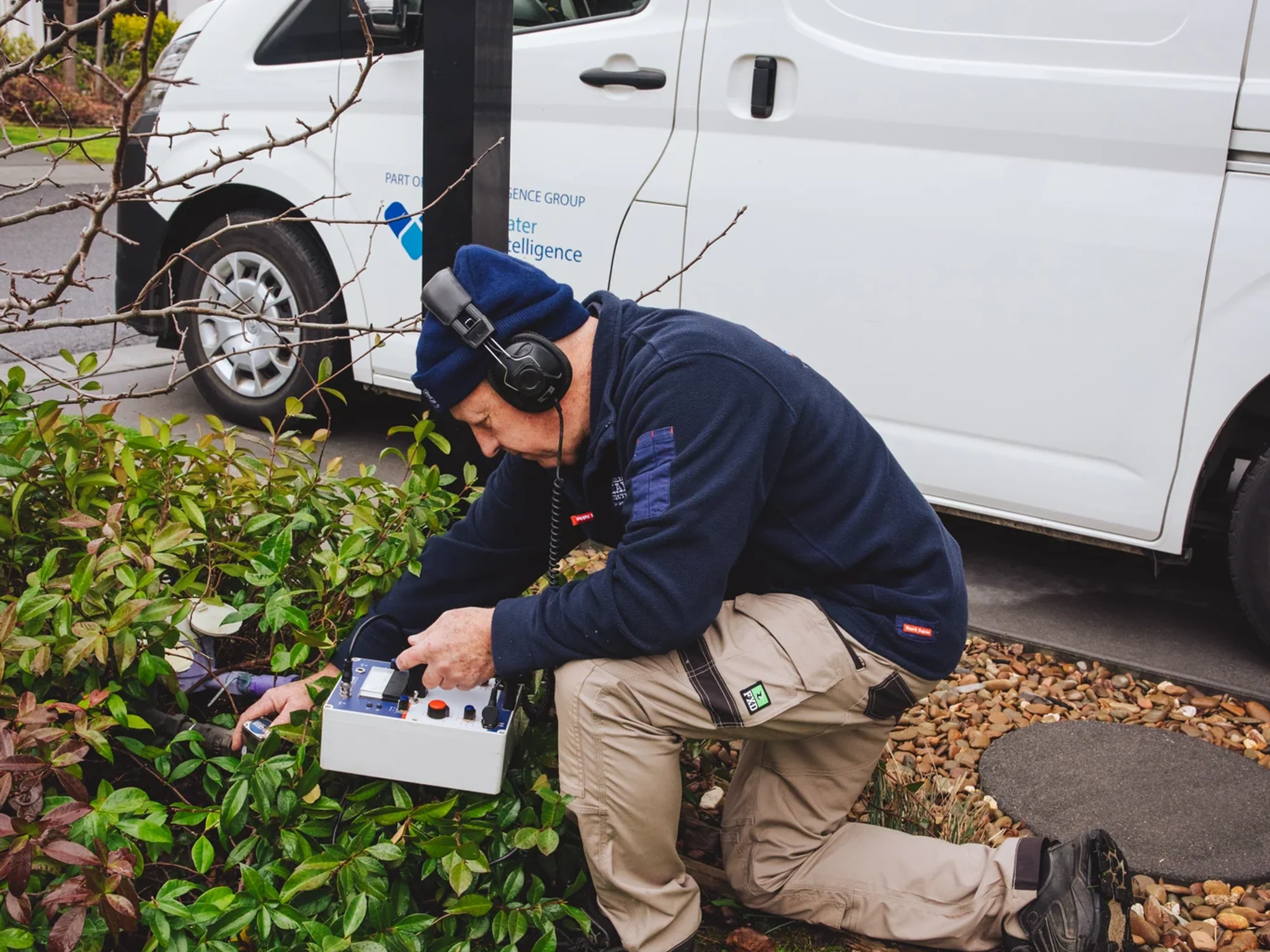 Australian Leak Detection technician locating a leak beside a service van