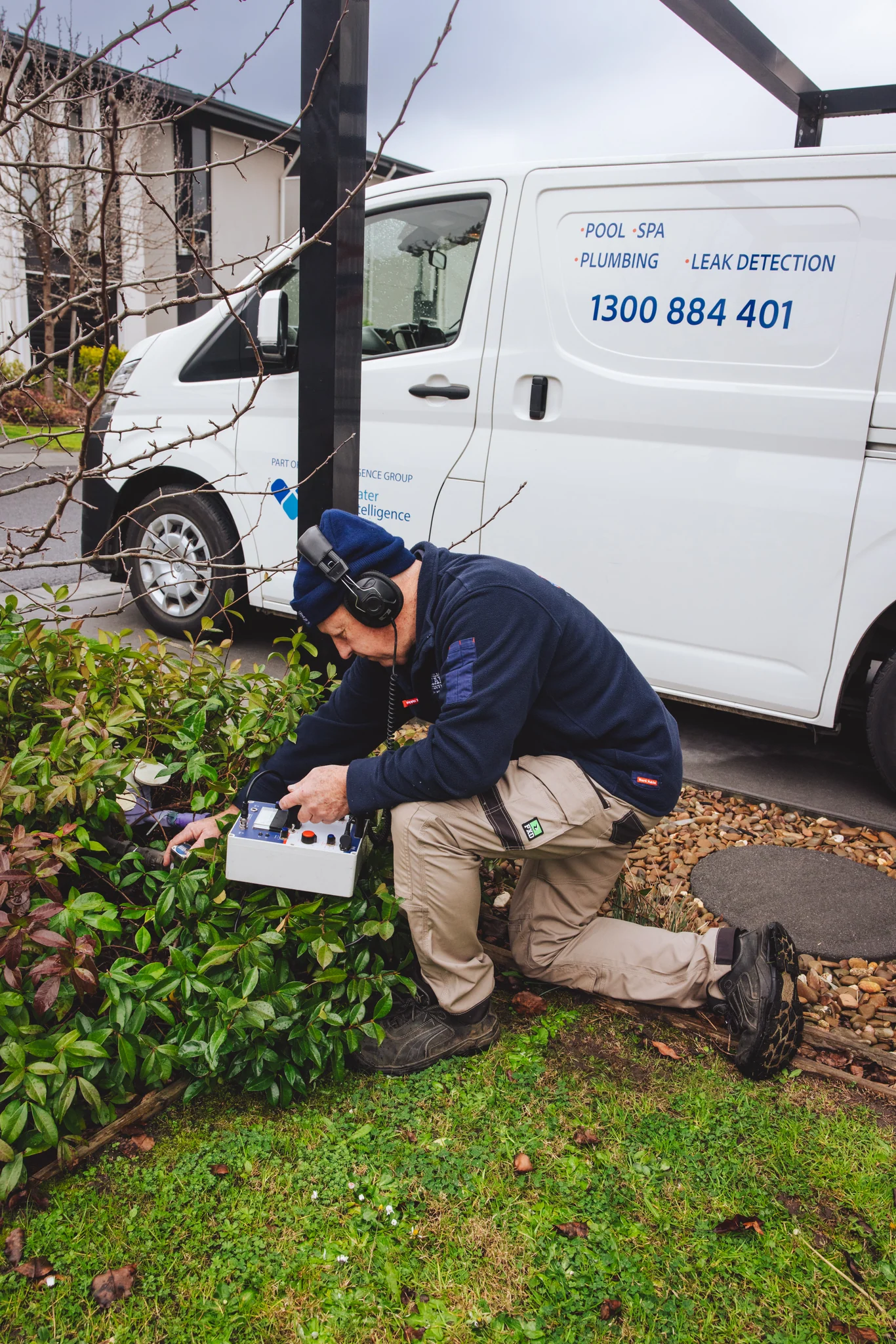 Main line water leak detection at an Australian home using acoustic leak detection equipment near a water meter