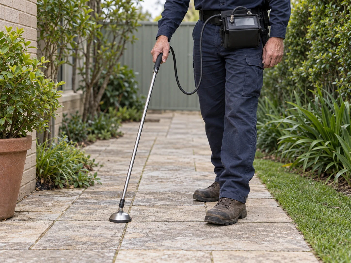 Tracer gas detection equipment used to pinpoint hidden water leaks without excavation