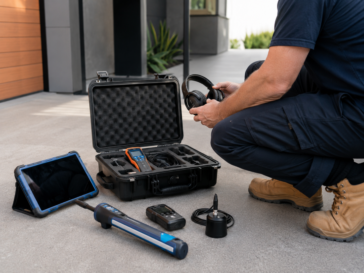 Acoustic leak detection case study equipment and listening tools at a property