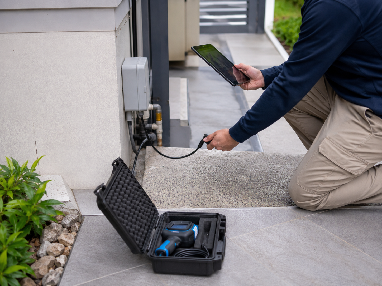 Residential water leak detection case study equipment inspection outside a home