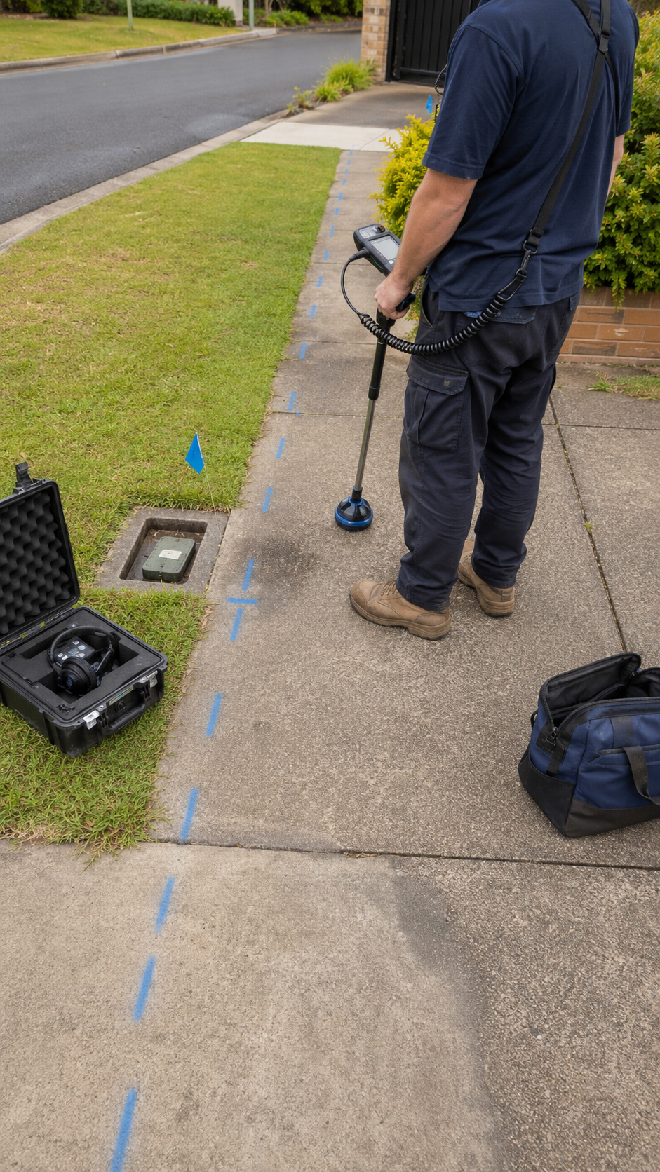 Technician locating a hidden main water line leak under a driveway with non-invasive leak detection equipment in Australia