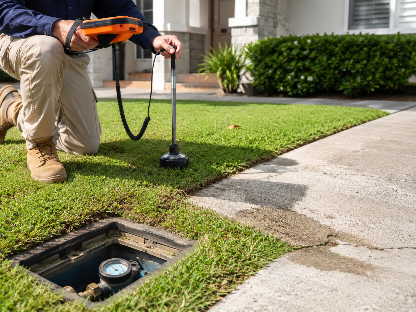 Main line water leak detection at an Australian home using acoustic leak detection equipment near a water meter