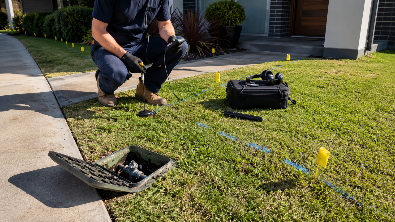 Specialist residential main water line leak detection in Australia with pipe route marking and acoustic listening equipment