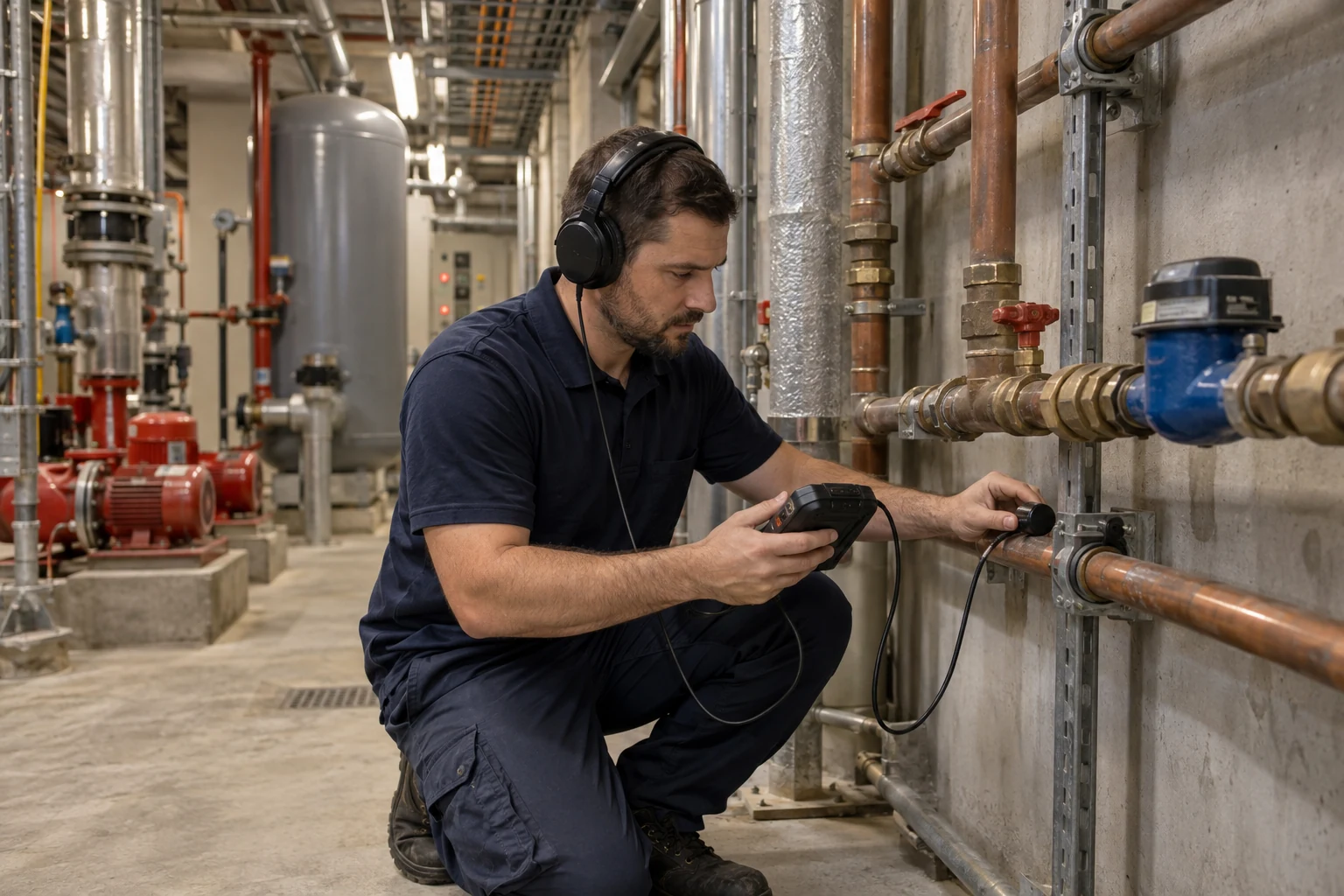 Leak detection technician inspecting water pipes in a commercial building plant room